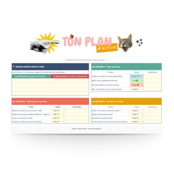 Plan d'action rentrée freelance bilan Google Sheets